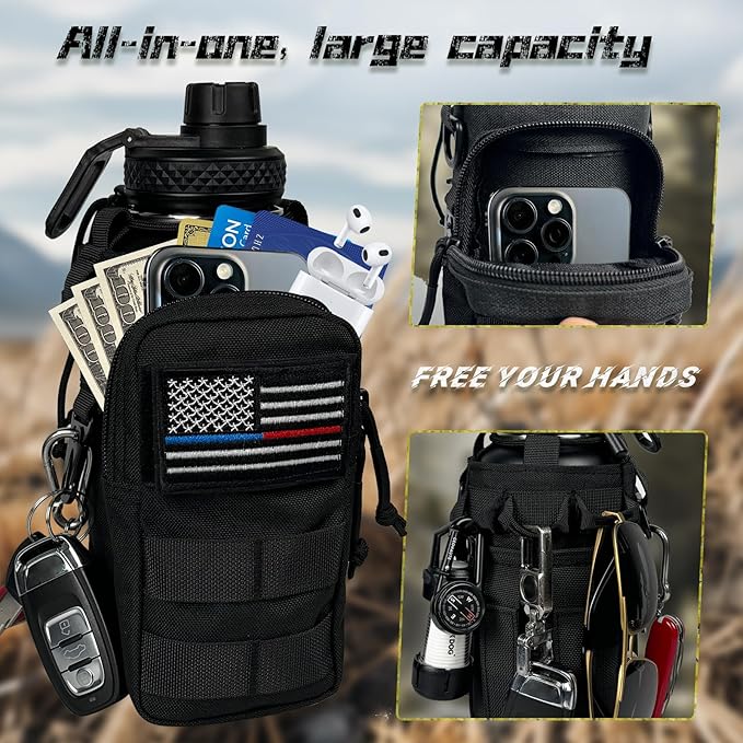 64 oz Insulated Water Bottle - Half Gallon Water Bottle with Sleeve Military Stainless Steel Water Jug with Handle for Men Sports Workout Hiking with Black Water Bottles Pouch