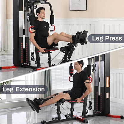 Fitvids Home Gym Equipment, Multifunctional Full Body Workout Weight Machine Station with Weight Stack, All in One Exercise Equipment with Pulley System & Seated Rowing for Home Gym Strength Training