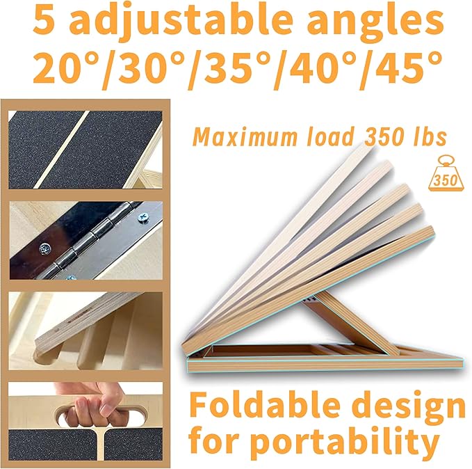 Adjustable 16.5"×12" Wooden Slant Board – 5-Angle Foldable Calf Stretcher & Squat Wedge for Home-Gym, Portable Incline Board, 350 lb Rated