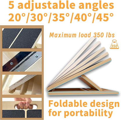 Adjustable 16.5"×12" Wooden Slant Board – 5-Angle Foldable Calf Stretcher & Squat Wedge for Home-Gym, Portable Incline Board, 350 lb Rated
