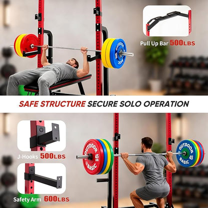 Outdoor Basic Power Cage Squat Rack with Pull-Up Bar & Dip Station, 2400LB Capacity, Multi-Functional Home Gym Rack for Weightlifting, Strength Training, Bench Press