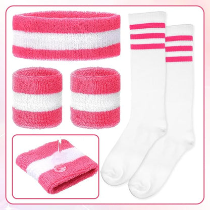 5 PCS Sweatbands Set Headband Wristbands and Striped Socks, Sweat Band for Women Neon Sports Pink Headband Fitness 80s 90s Costumes Accessories Fitness Workout Outfit for Women and Men