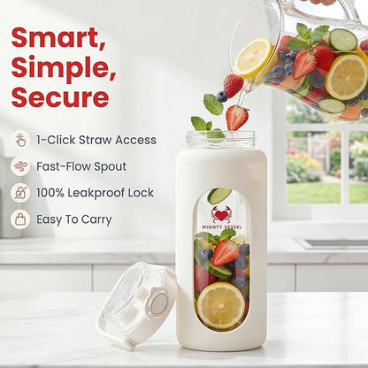 32 oz Glass Water Bottle – White | Leakproof Borosilicate Design with Time Markers, Silicone Sleeve & Flip Straw – Lightweight for Gym, Travel, Work