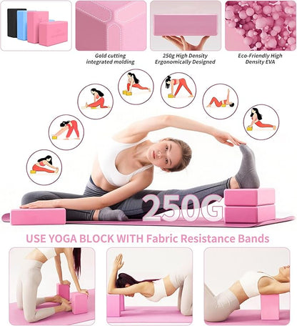 Yoga Mat Thick, 6 Fabric Resistance Bands, 2 Pack Yoga Blocks, Home Workout Equipment Essentials Starter Kit for Beginners Full Body Toning