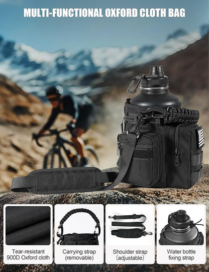 Tactical Half Gallon Water Bottle with Straw, 64 Oz Insulated Water Jug with Molle Water Bottle Holder, Stainless Steel Sport Bottle with 3 BPA Free Lids for Gym Workout Hiking (Black)