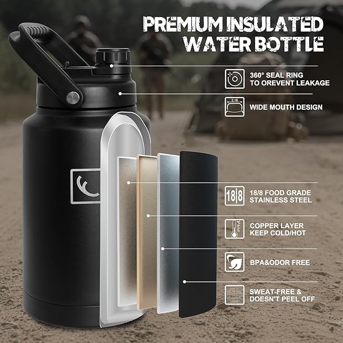 NATURE PIONEOR 1 Gallon Tactical Water Bottle Set, Stainless Steel 128 oz Sport Water Bottle with Tactical MOLLE Bottle Carrier Sleeve, for Outdoor Work, Gym, Hiking, Camping