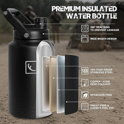 NATURE PIONEOR 1 Gallon Tactical Water Bottle Set, Stainless Steel 128 oz Sport Water Bottle with Tactical MOLLE Bottle Carrier Sleeve, for Outdoor Work, Gym, Hiking, Camping