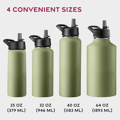 FineDine Water Bottle - Stainless Steel Insulated Water Bottle with Straw Lid, Flip Lid & Wide-Mouth Cap - Keeps Hot and Cold - 32 Oz / 946ml - Army Green