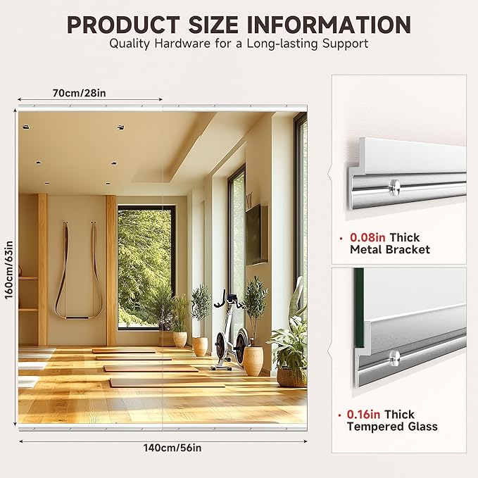 Home Gym Mirror, 63" x 28", 2PCS Large Full Body Mirror for Yoga, Silver Frameless Tempered Glass, Wall-Mounted Wall Mirrors for Home Gym, Workout, Garage, Bedroom, Bathroom, Dance Studio