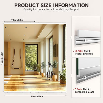 Home Gym Mirror, 63" x 28", 2PCS Large Full Body Mirror for Yoga, Silver Frameless Tempered Glass, Wall-Mounted Wall Mirrors for Home Gym, Workout, Garage, Bedroom, Bathroom, Dance Studio