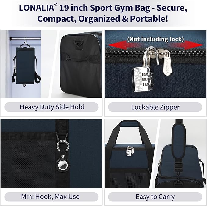 35L Sports Gym Duffle Bag - 19 inch Weekender Duffel for Workout, Basketball, Fitness, Training (Navy Blue)
