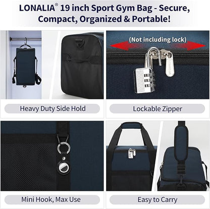 35L Sports Gym Duffle Bag - 19 inch Weekender Duffel for Workout, Basketball, Fitness, Training (Navy Blue)
