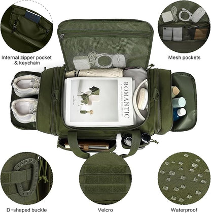 3 in 1 Tactical Travel Duffle Bag Backpack for Men Women 40-45L Expandable Gym Bag & Sport Duffel Bags for Travel with Shoe Compartment & Wet Pocket, Weekend Overnight bag for Caming, Green
