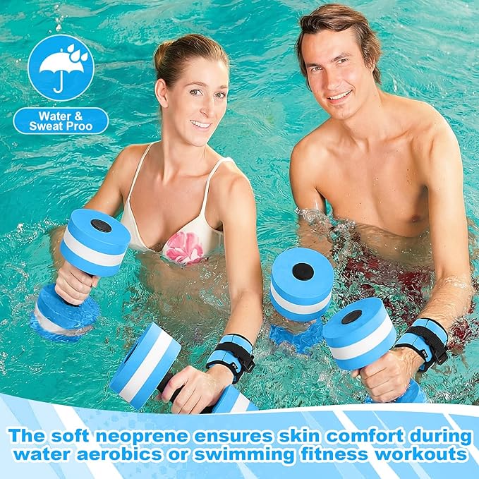 Water Aerobics Set, 4 Piece Pool Exercise Kit (2 Aqua Dumbbells + 2 Ankle/wrist Weights), EVA Foam, Low-impact Workout