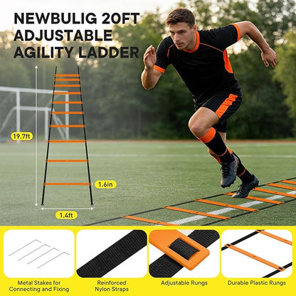 Agility Ladder Speed Training Equipment Set-20ft Ladder, 12 Cones, 4 Adjustable Hurdles, Jump Rope, Resistance Parachute| Basketball, Soccer, Football Practice Equipment for Youth, Adults