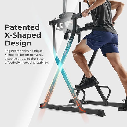 Sunny Health & Fitness Power Tower, Dip Bar, Push-Up & Pull Up Assisting Parallette Station w Optional Rock Climbing Grip Trainer