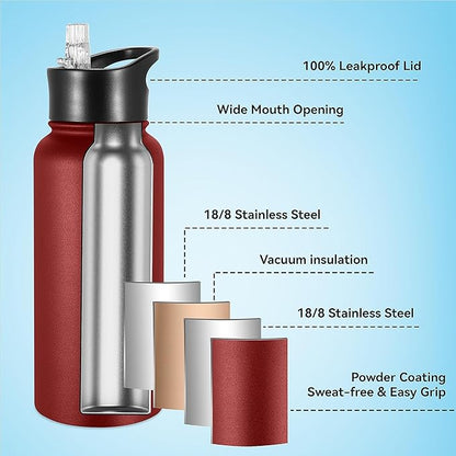 VEGOND 32 oz Insulated Water Bottle Stainless Steel Metal Water Bottles with Leak Proof Straw Lid & Spout Lid, Wide Mouth Double Walled Vacuum Travel Sports Bottle, Red