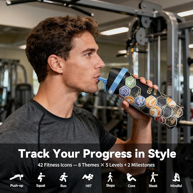 24 oz Motivational Insulated Stainless Steel Water Bottle for Sports, Gym & Travel, 2-in-1 Push-Button Spout & Quick-Flip Straw, Leak-Proof BPA-Free, Keeps Cold 30H, with DIY Fitness Stickers