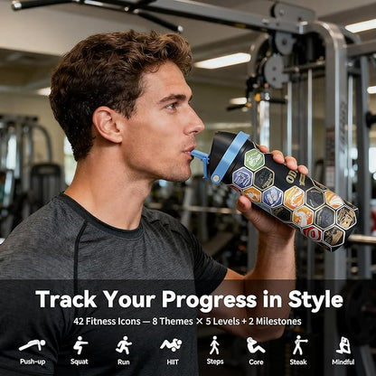 24 oz Motivational Insulated Stainless Steel Water Bottle for Sports, Gym & Travel, 2-in-1 Push-Button Spout & Quick-Flip Straw, Leak-Proof BPA-Free, Keeps Cold 30H, with DIY Fitness Stickers