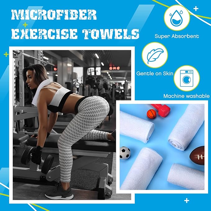 Handepo 12 Pcs Microfiber Workout Gym Towels, 360 GSM 12x30 Inch Fast Drying Yoga Towels for Sweat, Soft Gym Towel for Men Women Travel Sports(White)
