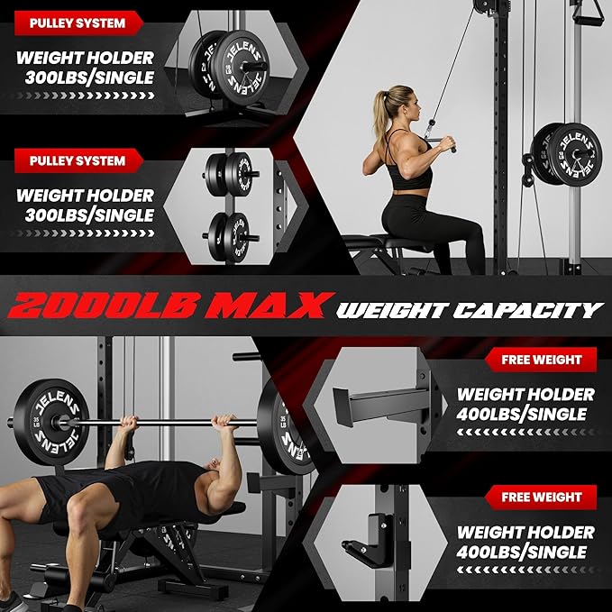 C21 Power Cage, 2000LBS Multi-Function Power Rack with Independent Dual Pulley System, All-in-One Squat Rack for Cable Crossover, Home Gym Workout Machine