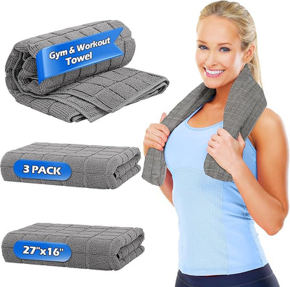 HOMERHYME Microfiber Gym Towels, 3 Pack Grey Sweat Towels, 16 x 27 Inch Quick Dry Hand Towels, Absorbent Yoga Towels for Home Gym Bag, Beach Travel Sport Towel, Workout Equipment for Men & Women
