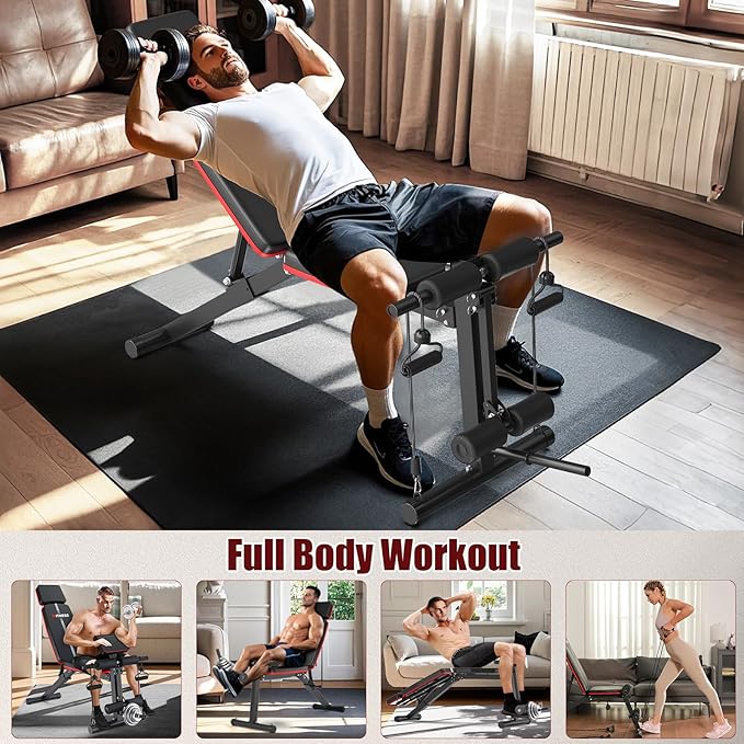 XDDIAS Adjustable Weight Bench, Workout Bench with Leg Extension and Preacher Curl Pad, Weight Bench for Home Gym, Foldable Exercise Bench, Quick Adjustment Incline Bench Press