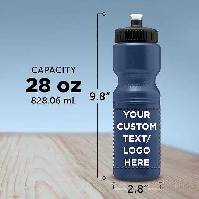 DISCOUNT PROMOS 28 oz. Custom Push Cap Plastic Water Bottles Set of 10/50/100, Personalized Bulk Pack - Perfect for Gym, Hiking, Camping, Outdoor Sports - Navy Blue
