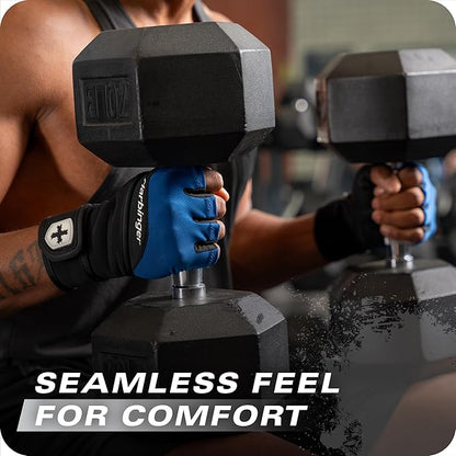 Harbinger Training Grip Wrist Wrap Gloves - Enhanced Grip & Wrist Support, Breathable Lycra Back, Padded Leather Palm, Half-Finger Design, Quick Pull Tabs - Ideal for Weightlifting, Gym - Men's