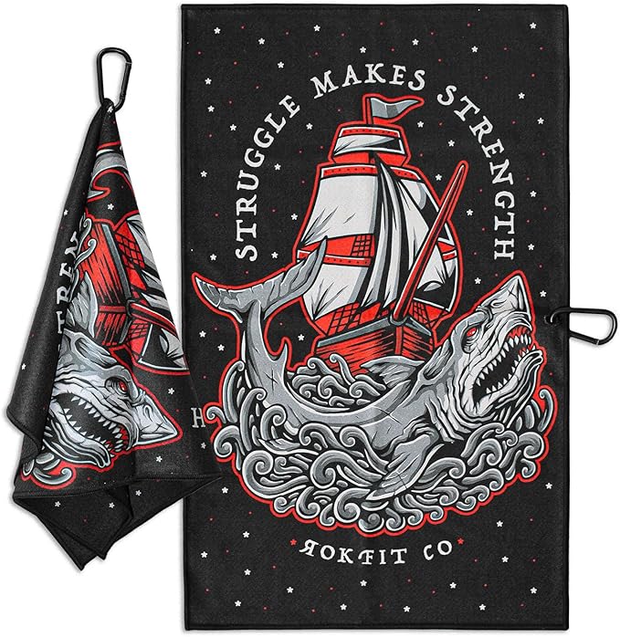 RokFit Gym & Golf Towel – Multi-Use, Quick-Dry, Durable Utility Towel with Bold Graphic and Carabiner Clip (Struggle Makes Strength)