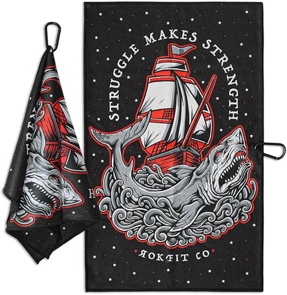 RokFit Gym & Golf Towel – Multi-Use, Quick-Dry, Durable Utility Towel with Bold Graphic and Carabiner Clip (Struggle Makes Strength)