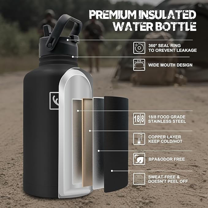 NATURE PIONEOR 64 oz Tactical Water Bottle Set, Stainless Steel Half Gallon Insulated Water Bottle with Tactical MOLLE Bottle Carrier Sleeve, for Outdoor Work, Gym, Hiking, Camping