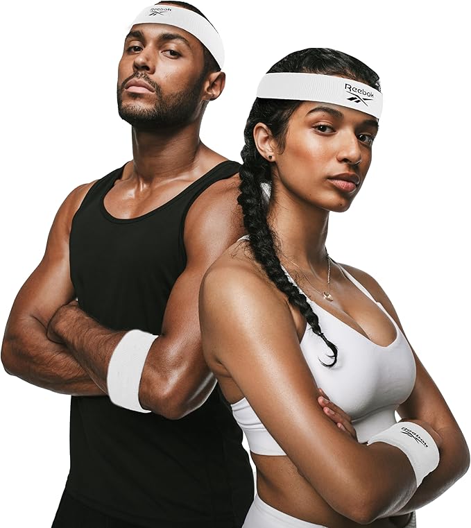 3pc Unisex Athletic Sweatband Set - 2.25in Workout Headband & 3.25in Wristbands w/Stay Dry Technology, Terry Cloth Band Moisture-Wicking Fabric | Quality Fitness Accessories for Active Comfort-Reebok