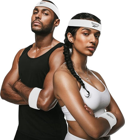 3pc Unisex Athletic Sweatband Set - 2.25in Workout Headband & 3.25in Wristbands w/Stay Dry Technology, Terry Cloth Band Moisture-Wicking Fabric | Quality Fitness Accessories for Active Comfort-Reebok