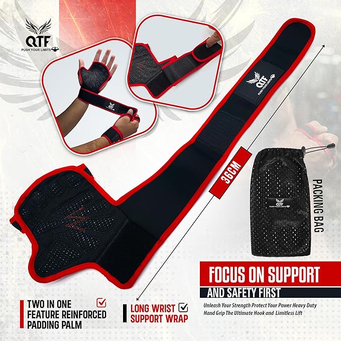 QTF Ventilated Weight Lifting Gloves for Men & Women Workout Gym Fitness Extra Grip with Wrist Support Wrap Cross fit Pull-ups Barbell Training Sports