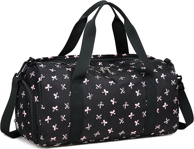 Gym Bag Sports Duffle Bag with Wet Pocket Weekender Overnight Bag with Waterproof Shoe Compartment for Girls Kids Women Travel Dance Yoga Workout Bag (Bow Pink-Black)