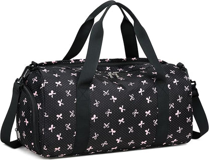 Gym Bag Sports Duffle Bag with Wet Pocket Weekender Overnight Bag with Waterproof Shoe Compartment for Girls Kids Women Travel Dance Yoga Workout Bag (Bow Pink-Black)