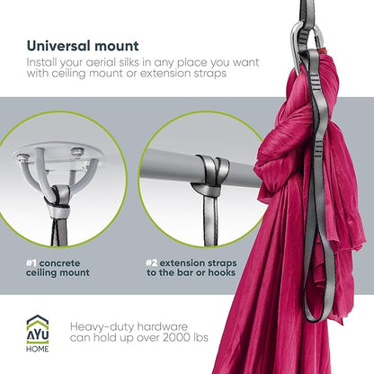 AyuHome Aerial Silks Kit for Home - Premium Yoga Swing for Kids and Adults with 660 lbs Capacity - Versatile Aerial Yoga Hammock for Gymnastics Training