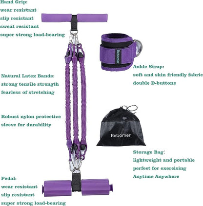 Pedal Resistance Band, Rebomer Exercise Band Home Fitness Band for Working Out, 4-Tube Elastic Sit Up Pull Rope for Men Women, Multifunction Tension Rope for Strength Training/Yoga with 2 Ankle Straps