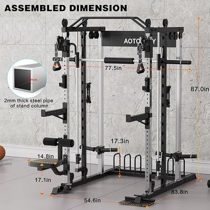 Smith Machine Strength Training Squat Rack with Smith Bar, Power Cage with LAT Pull-Down Systems, Cable Crossover Machine for Home Gym