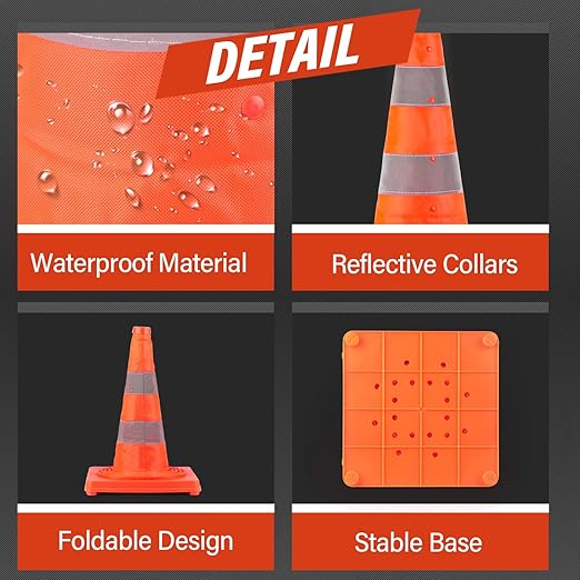 RoadHero 28 Inch 1 Pack Collapsible Traffic Safety Cones, Multi Purpose Pop-up Cones with Reflective Collar for Road Safety, Orange Cones for Driving Training, Parking Lots