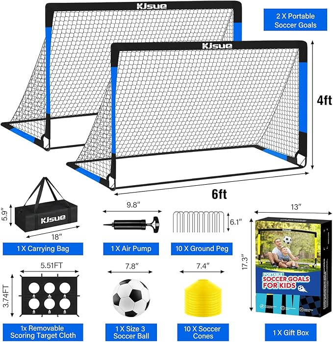 Kids Soccer Goal for Backyard Set - 2 of 6x4 ft Soccer Goals Training Equipment, Soccer Net for Kids Age 3-5 6-8 8-10 10-12, Ball, Targets for Toddler Kid Youth Soccer Games Sports Outdoor Play