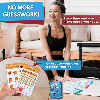 Pilates Bar Kit Workout Cards – 62 Exercise Cards Deck with Videos & Workout Plan - Includes 8-Week Challenge, Chart & 2 Rings for Easy Organization - Home Exercise Bar Guide for Women & Men