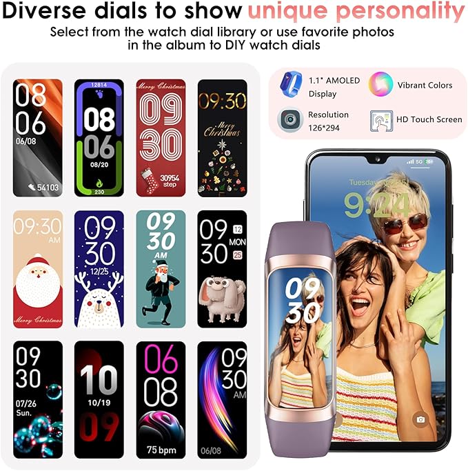 Fitness Tracker, 24/7 Heart Rate Blood Oxygen Blood Pressure Body Temp Monitor Sleep Calorie Tracker with 1.1" AMOLED Touch Color Screen Pedometer Smart Watch Waterproof for Women Men (Bordeaux)