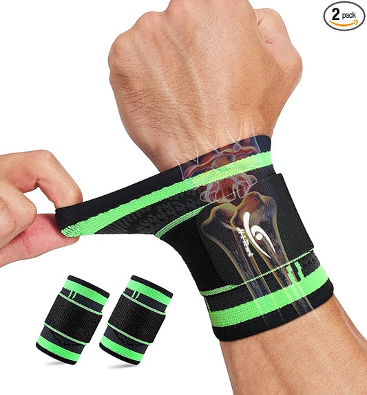 HiRui Wrist Brace Wrist Wraps Compression Wrist Strap, Wrist Support for Work Fitness Weightlifting Sprains Tendonitis, Carpal Tunnel Arthritis, Pain Relief, Adjustable Wristbands 2 PACK (Green, M)