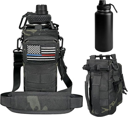 32 oz Insulated Water Bottle Stainless Steel with Sleeve - Military Metal Water Jug, For Gym Workout Hiking, Camo Black Water Bottle Pouch