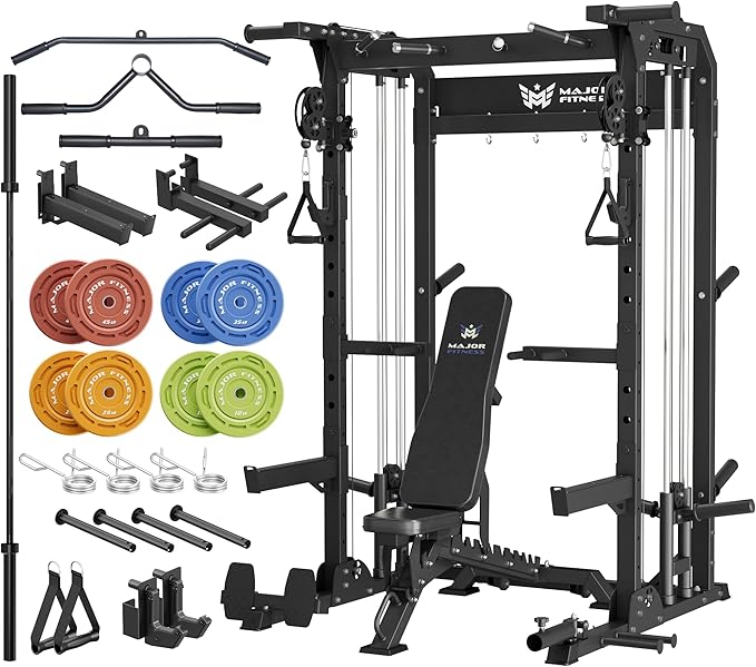 MAJOR FITNESS F22 Power Rack, 1600lbs All-in-One Squat Rack with Dual Pulley System, Heavy-Duty Steel Frame, Attachments & Storage for Home Gym Strength Training