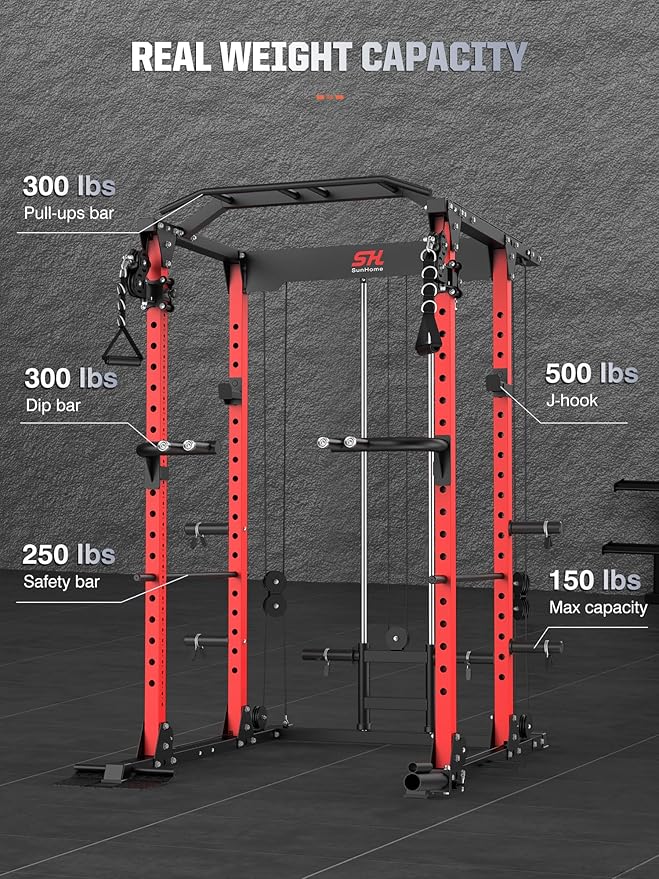 SunHome Power Cage Squat Rack, Power Rack with Pulley System, Adjustable Cable Crossover System, J-Hooks, Dip Handles, Weight Plate Storage