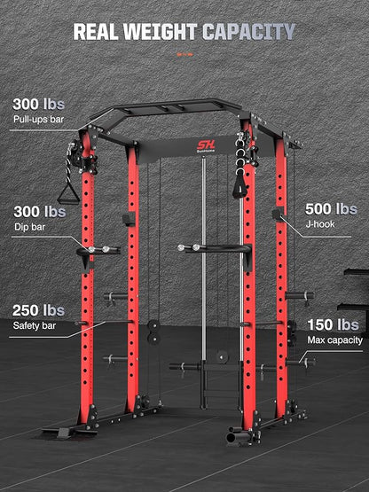 SunHome Power Cage Squat Rack, Power Rack with Pulley System, Adjustable Cable Crossover System, J-Hooks, Dip Handles, Weight Plate Storage