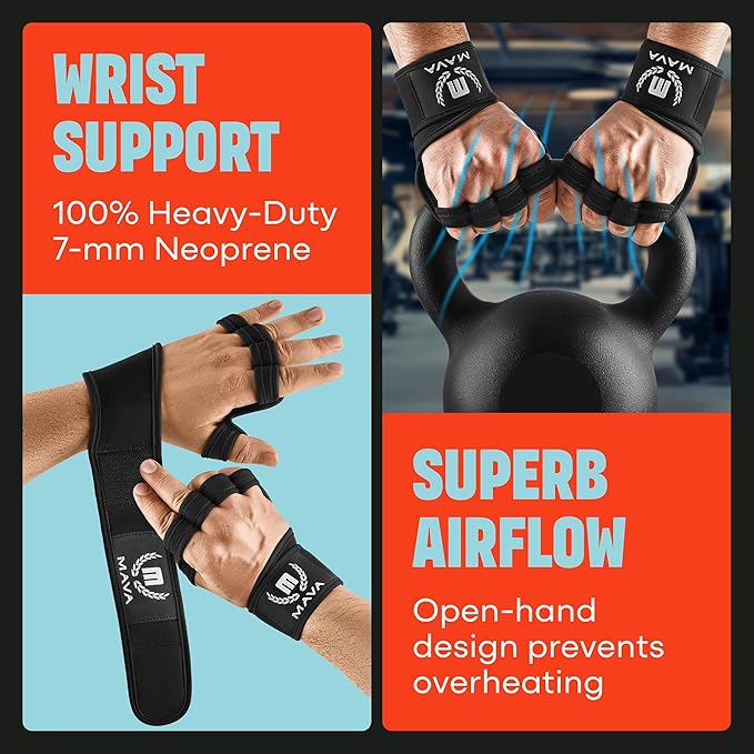MAVA Open Gym Gloves for Men & Women; Padded Weight Lifting Gloves with Wrist Support for Comfort, Protection; Strong-Grip Fingerless Workout Gloves for Men & Women; Anti-Sweat Gym Accessories